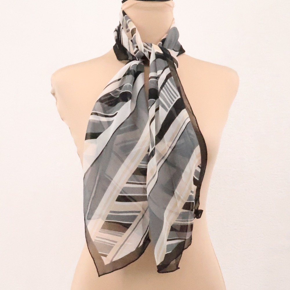 Jones New York Geometric Stripe Head Scarf Womens Black Gray Tan Chiffon 5x10